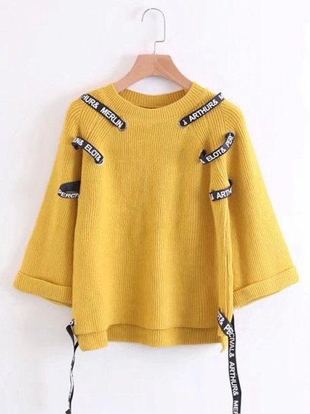 Long Sleeve Crew Neck Casual Knitted Pierced Sweater - PopJuLia.com